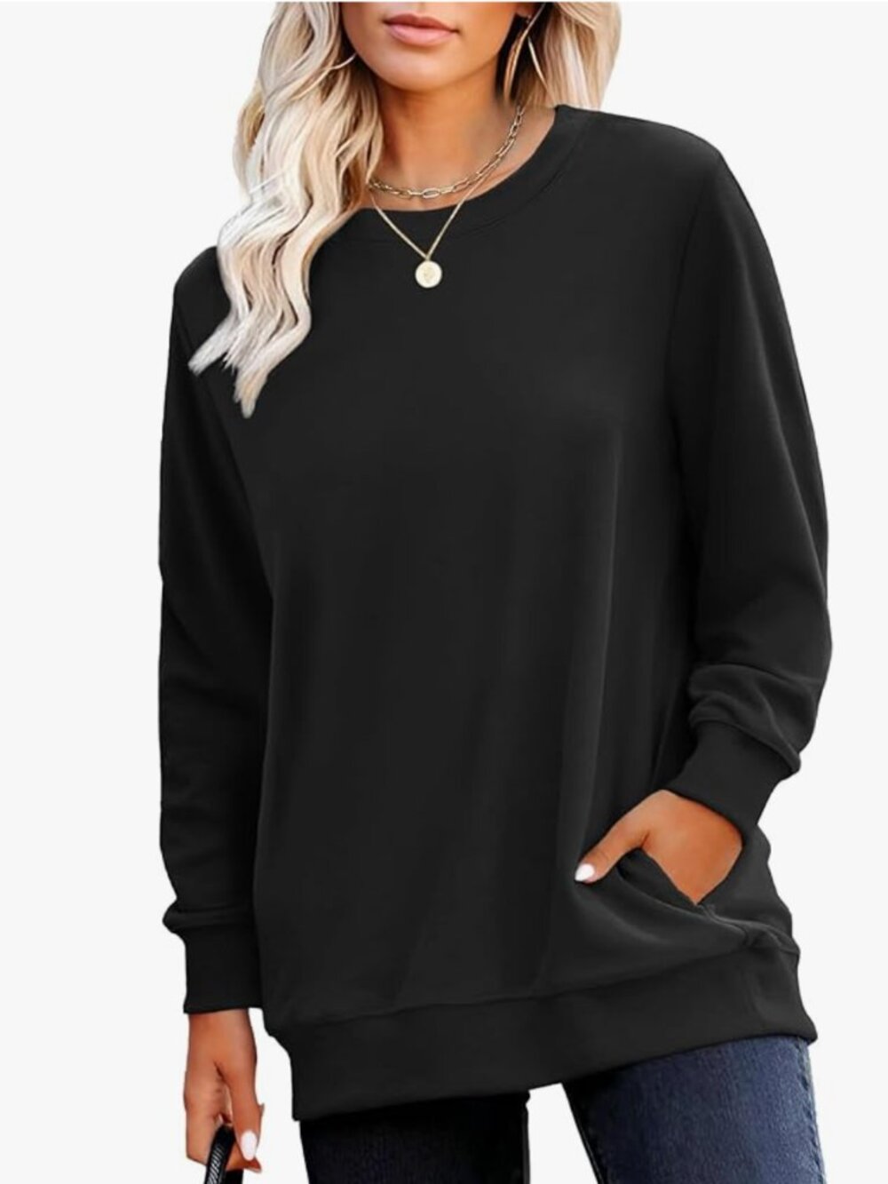 RUMIA Crewneck Sweatshirt for Women Plain Long Sleeve Top with Pocket L Black